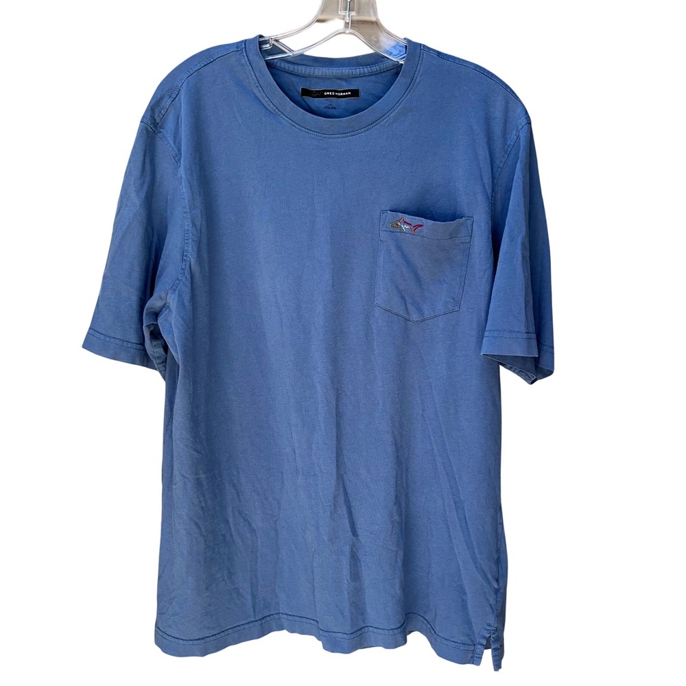 Greg Norman Mens Blue Cotton Short Sleeve Pocket T-Shirt Shark Logo Size L